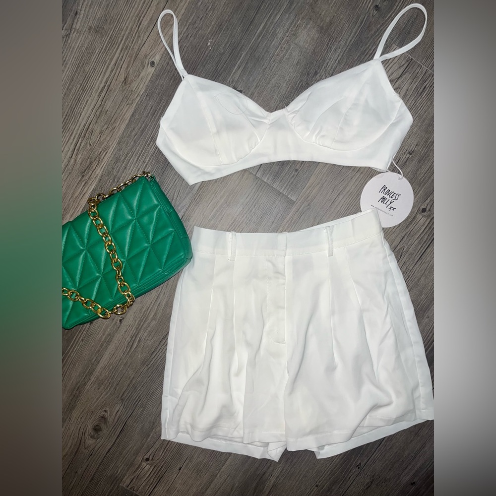 Two Piece white linen set. Bralette and Shorts